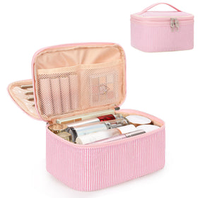 Relavel Large Makeup Bag front view in pink stripe