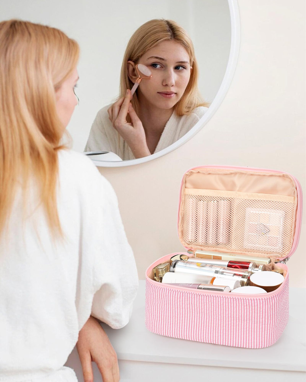 Relavel Large Makeup Bag open with skincare products