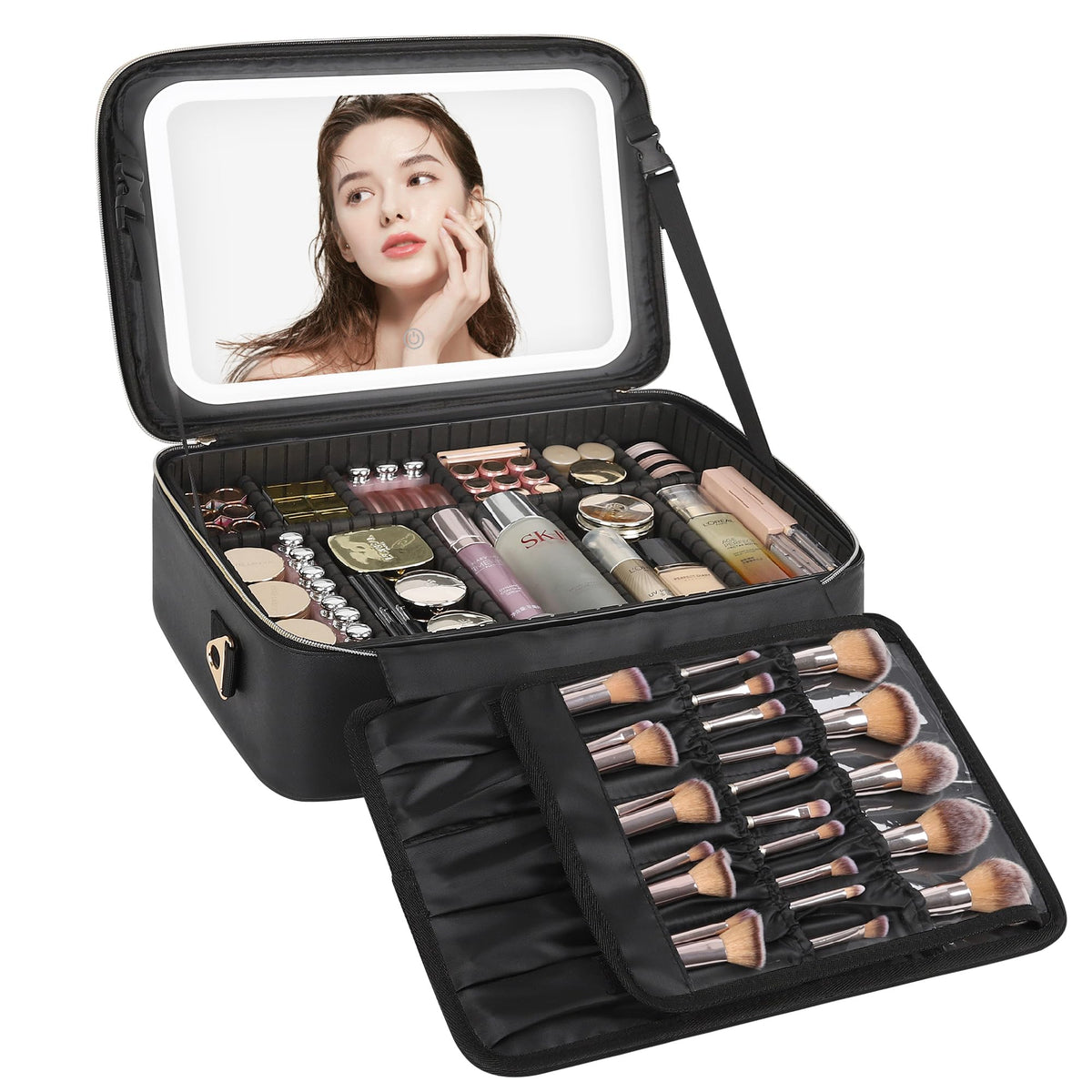 Relavel Large Makeup Case black with LED mirror front view