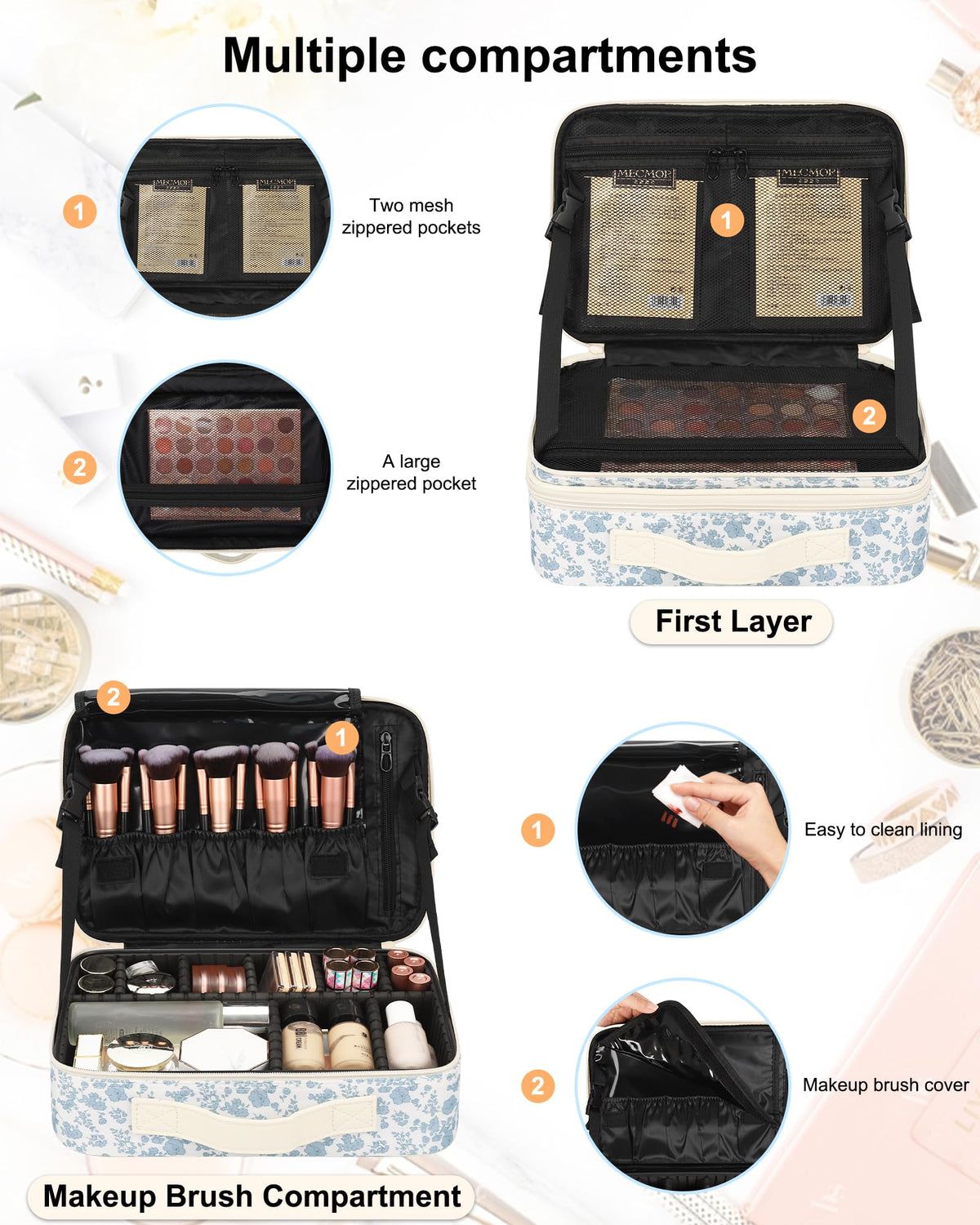 Relavel Makeup Bag dual layer with mesh pockets