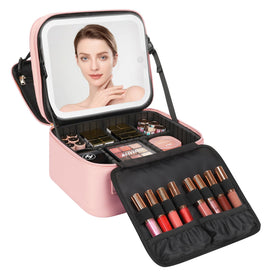 Relavel Makeup Bag front view in pink with LED mirror