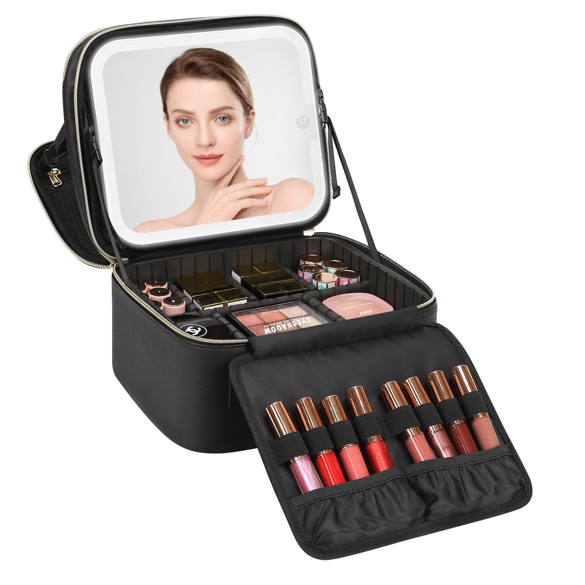 Relavel Makeup Bag front view with LED mirror and compartments