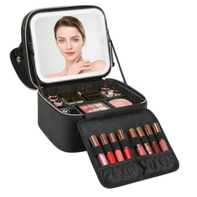 Relavel Makeup Bag front view with LED mirror and compartments