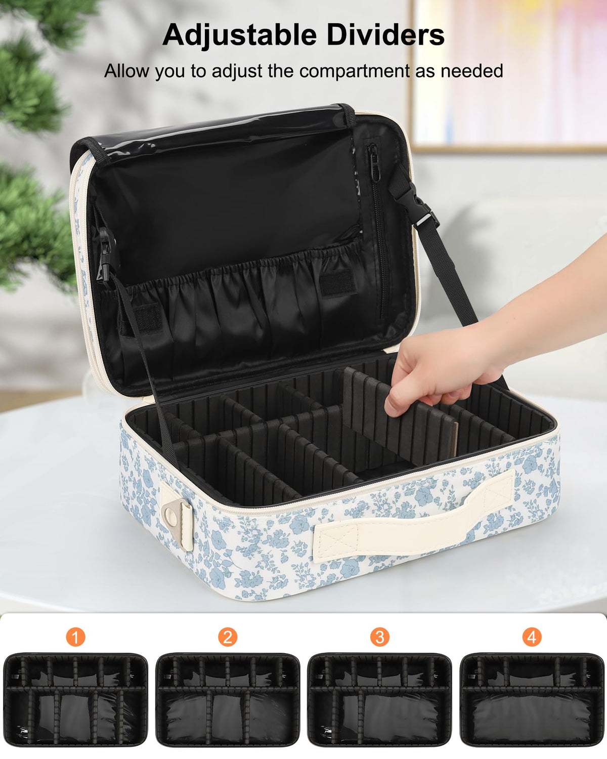 Relavel Makeup Bag open with adjustable dividers