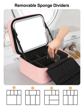 Relavel Makeup Bag open with cosmetics and LED mirror