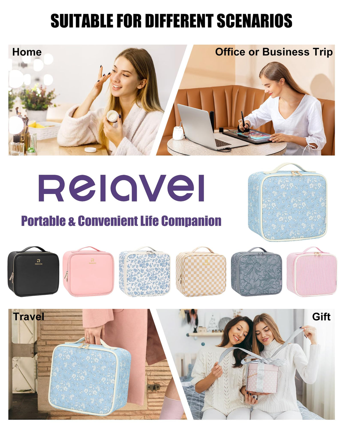 Relavel Makeup Bag packaging display with product details