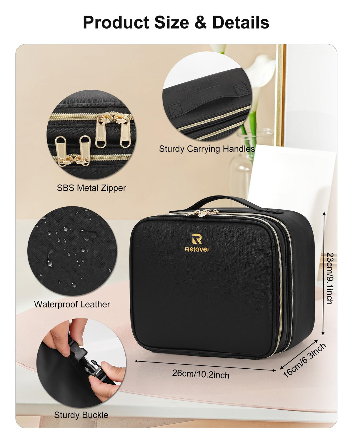 Relavel Makeup Bag showing adjustable dividers and storage