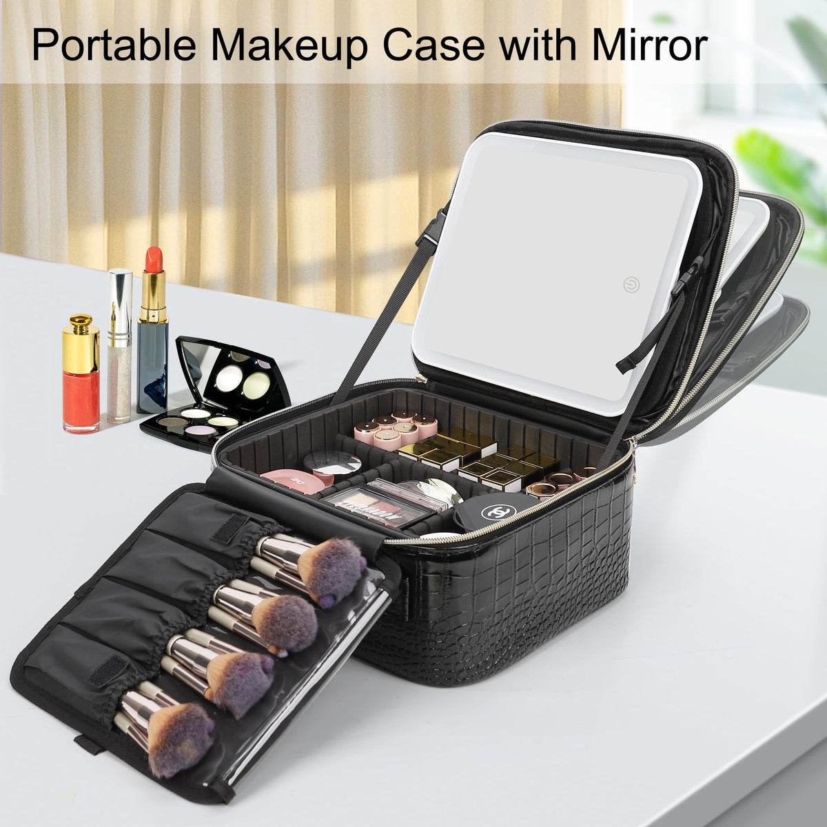 Relavel Makeup Train Case displayed on a vanity