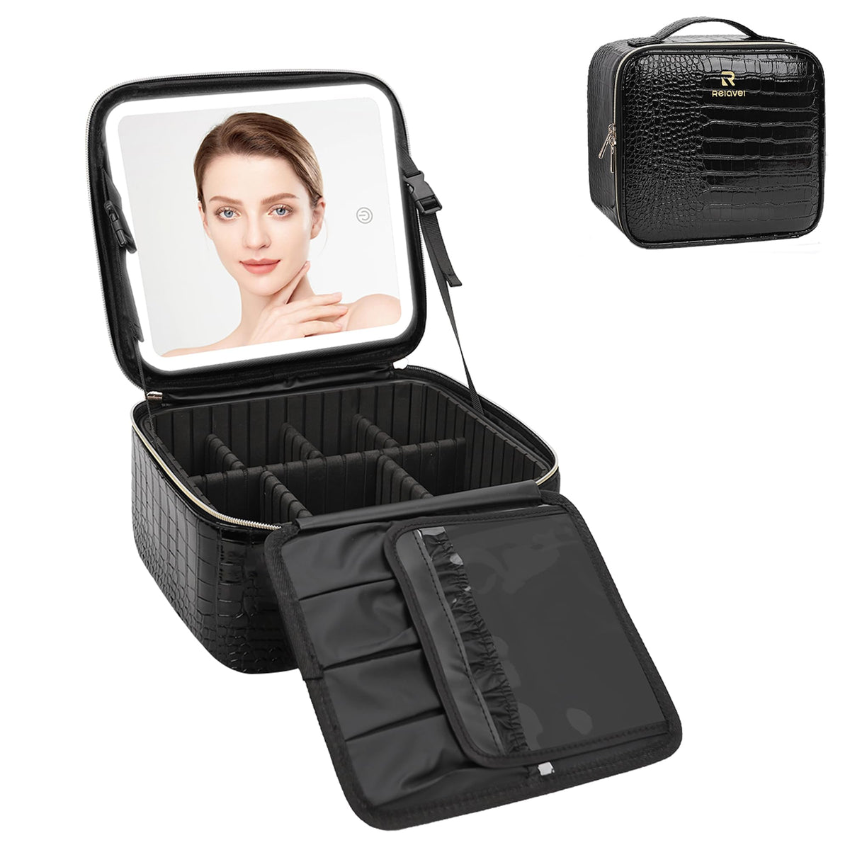 Relavel Makeup Train Case side view with makeup brushes