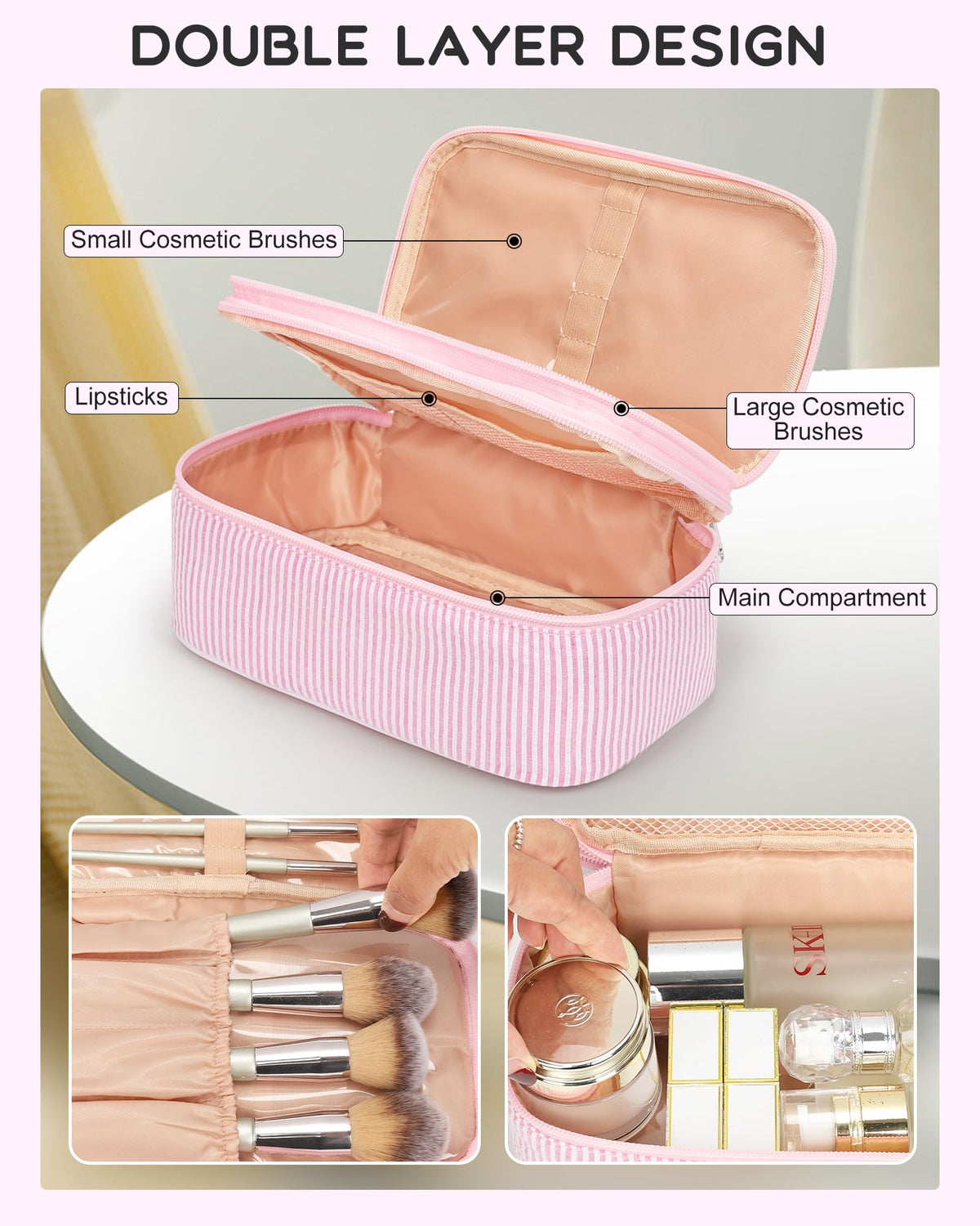 Relavel Pink Makeup Bag bottom layer with mesh pockets