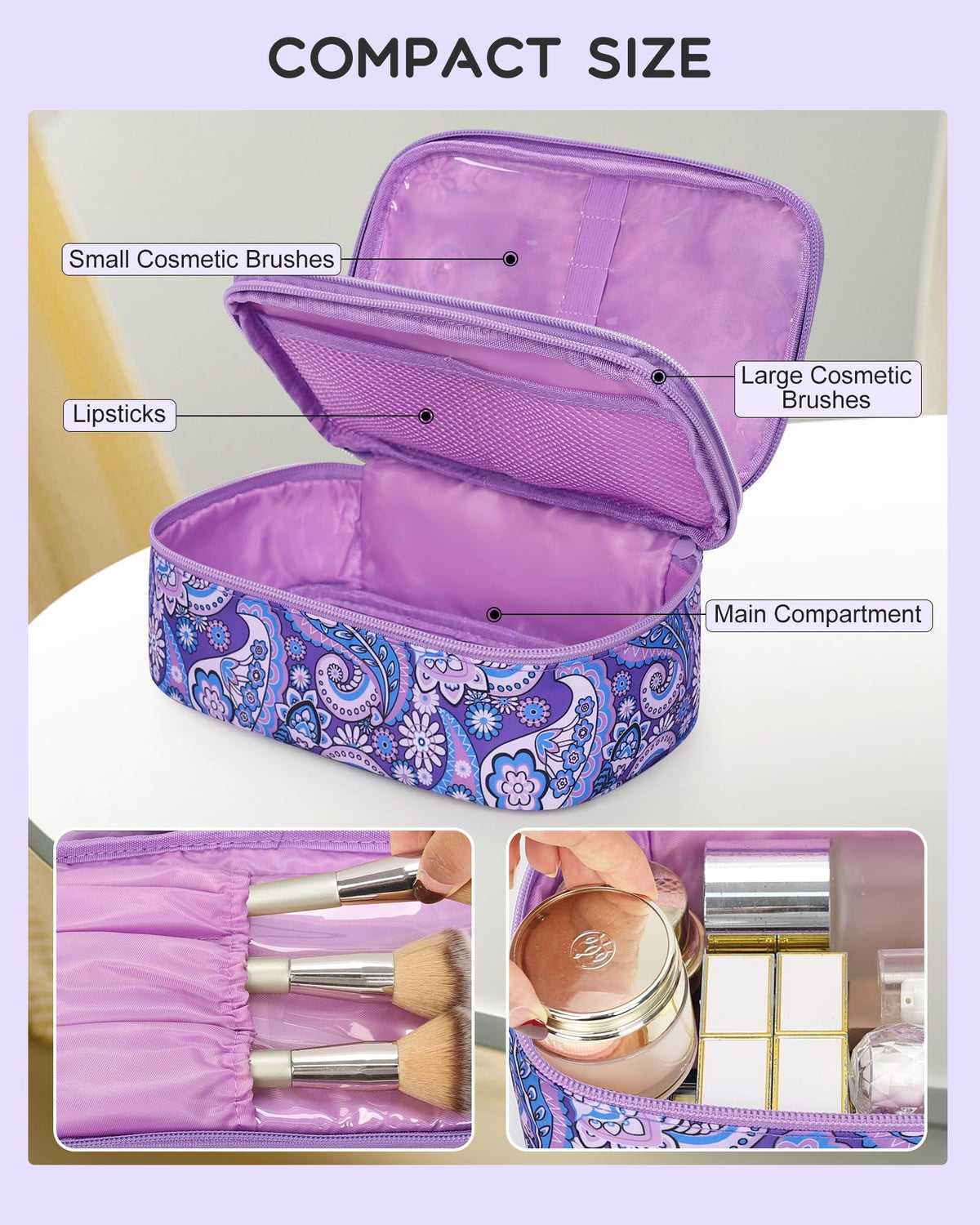 Relavel Small Floral Cosmetic Bag side view with brush compartment