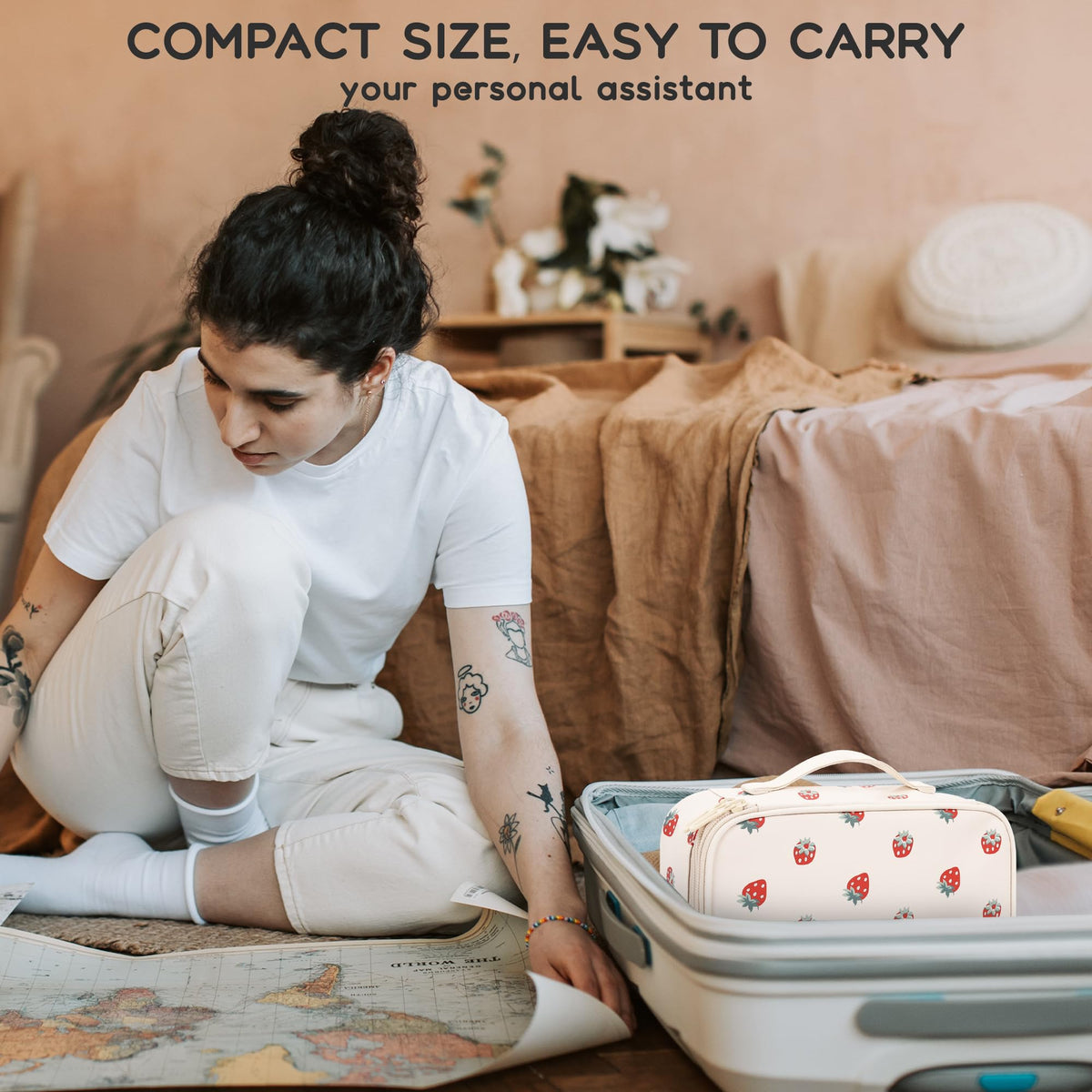 Relavel Small Makeup Bag compact size with cosmetics neatly arranged