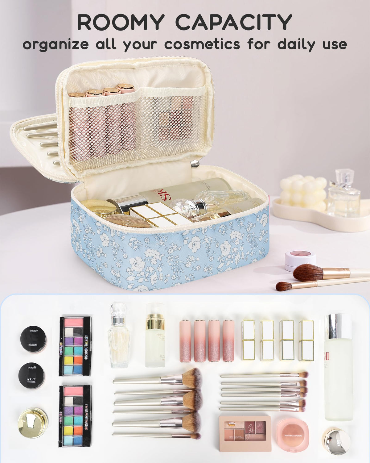 Relavel Small Makeup Bag open showing compartments
