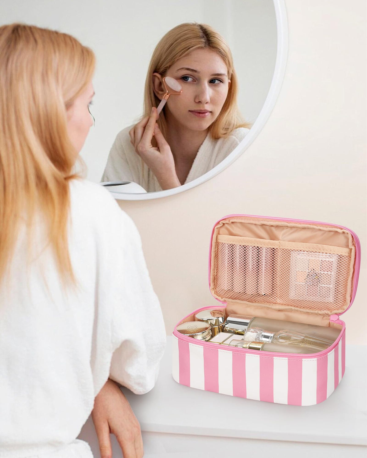 Relavel Travel Makeup Bag compact size on a table