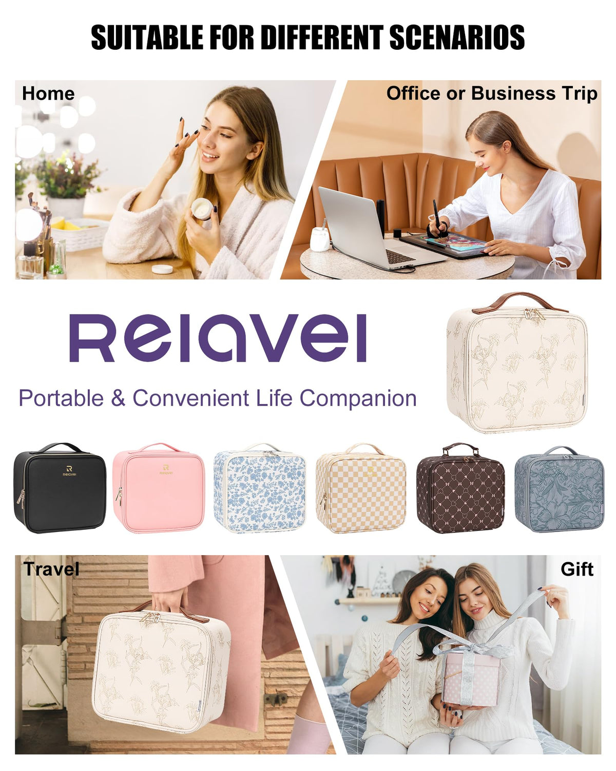 Relavel Travel Makeup Bag displayed with makeup products inside