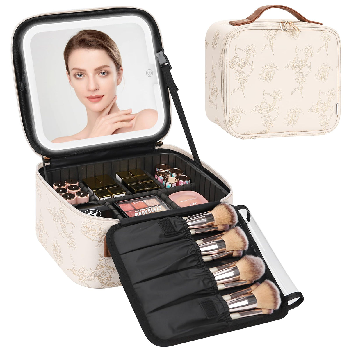 Relavel Travel Makeup Bag front view with LED mirror and lily flower pattern