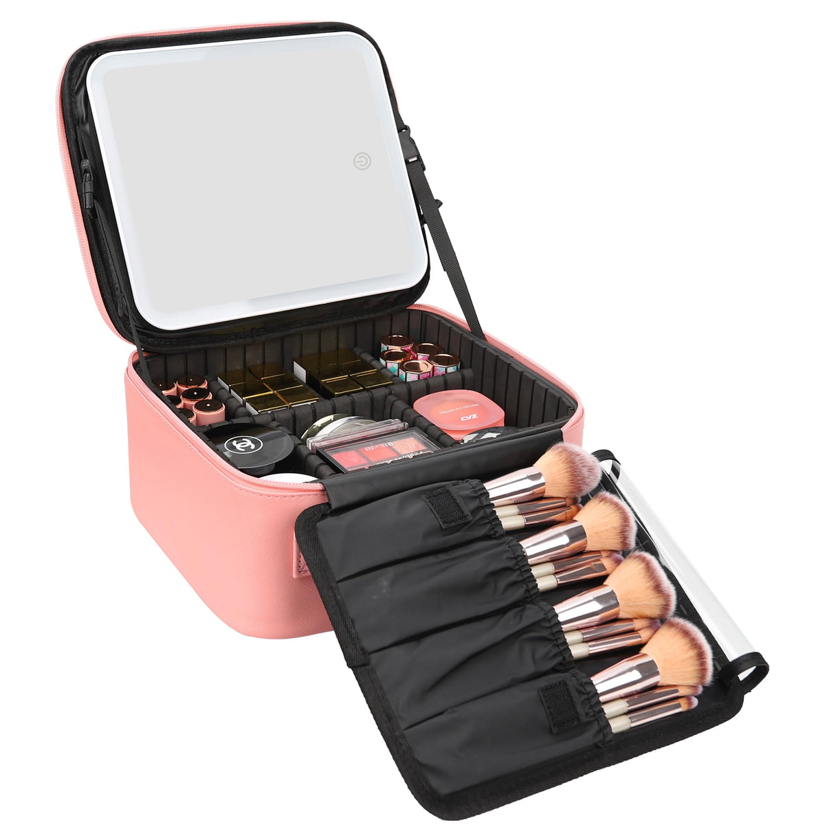 Relavel Travel Makeup Bag in pink with LED mirror front view
