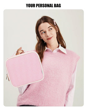 Relavel Travel Makeup Bag on a vanity table