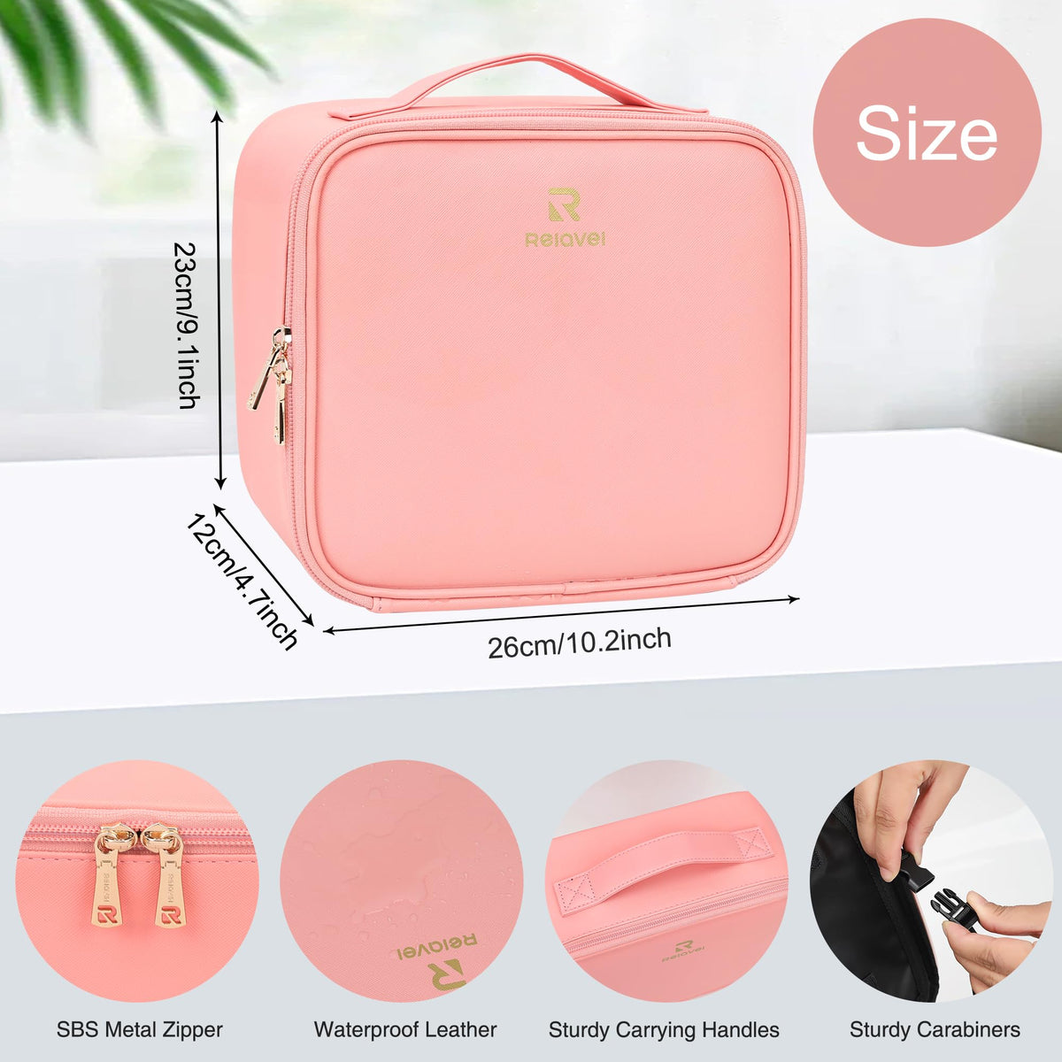 Relavel Travel Makeup Bag open showing adjustable LED mirror and compartments