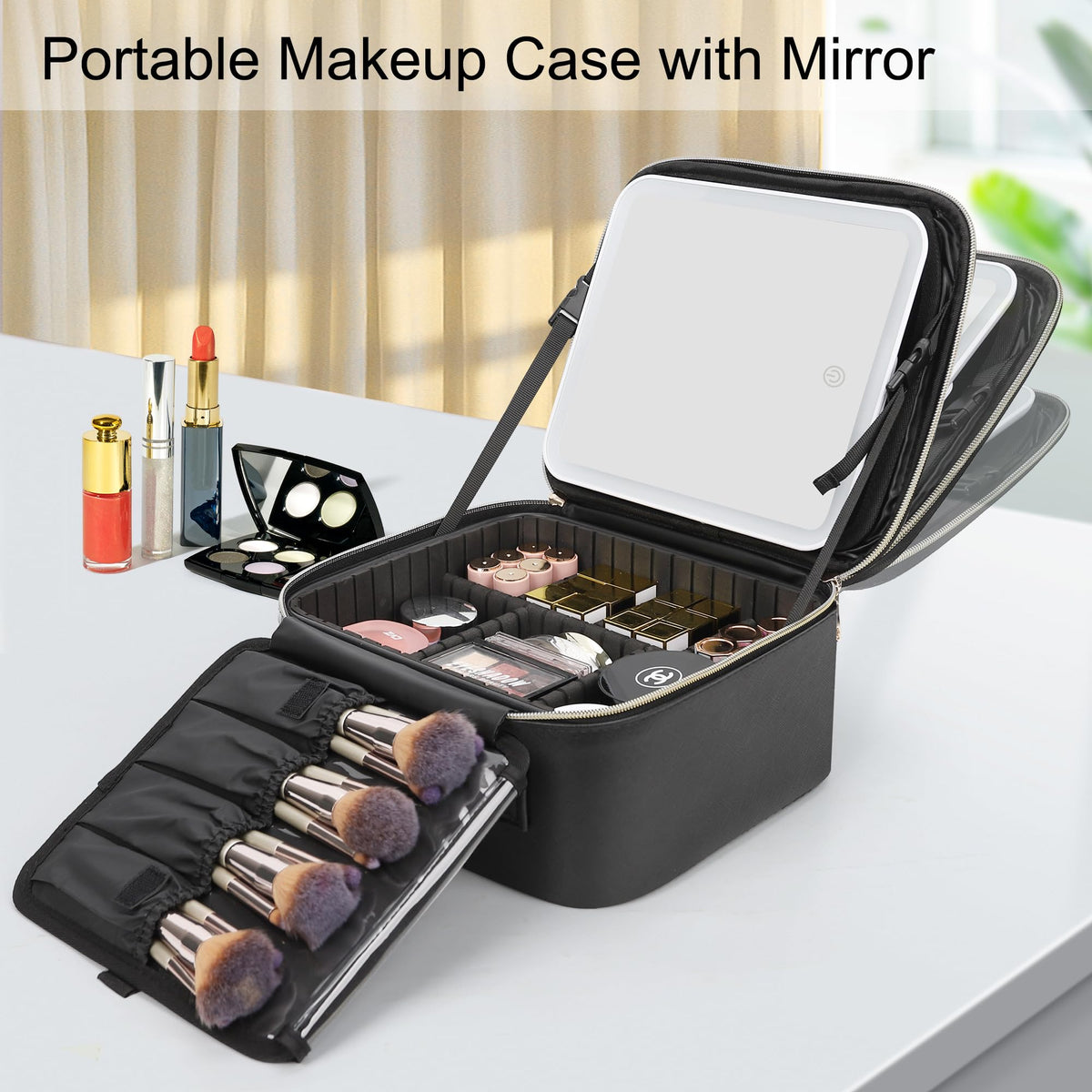 Relavel Travel Makeup Bag opened showing interior storage compartments