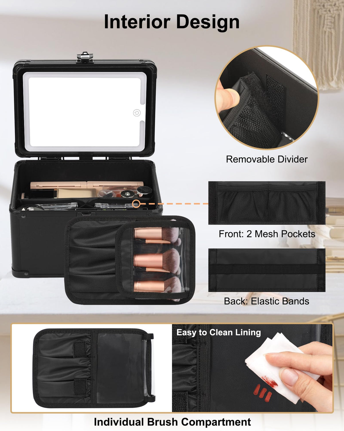 Relavel Travel Makeup Bag showing three colour lighting modes