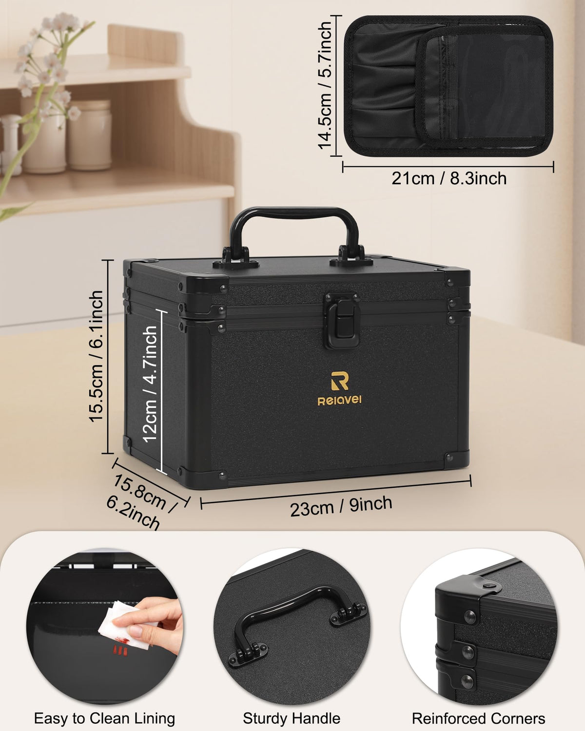 Relavel Travel Makeup Bag side view showing adjustable compartments