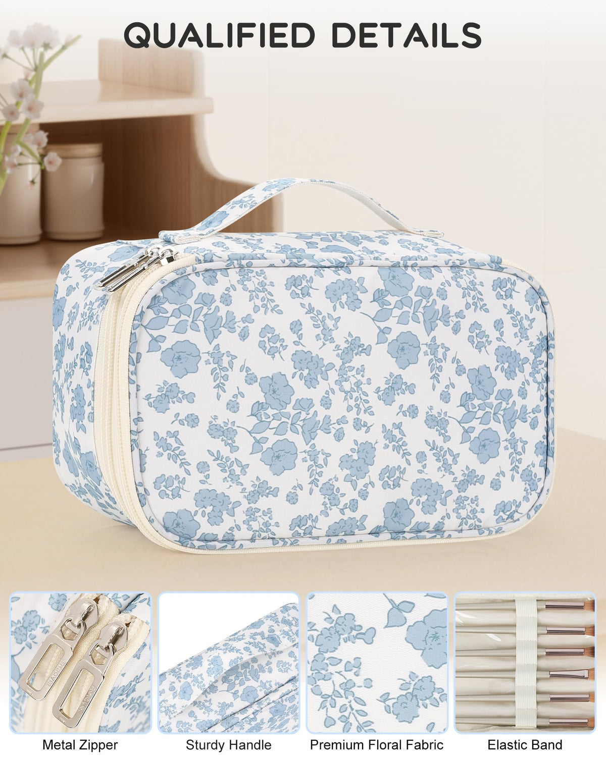 Relavel Travel Makeup Bag side view with floral pattern
