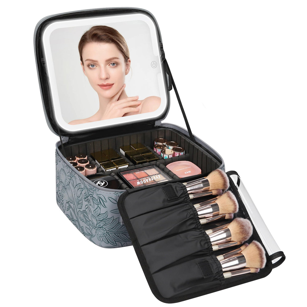 Relavel Travel Makeup Bag with LED mirror front view, Butterfly design
