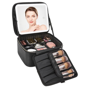 Relavel Travel Makeup Bag with LED Mirror front view in black