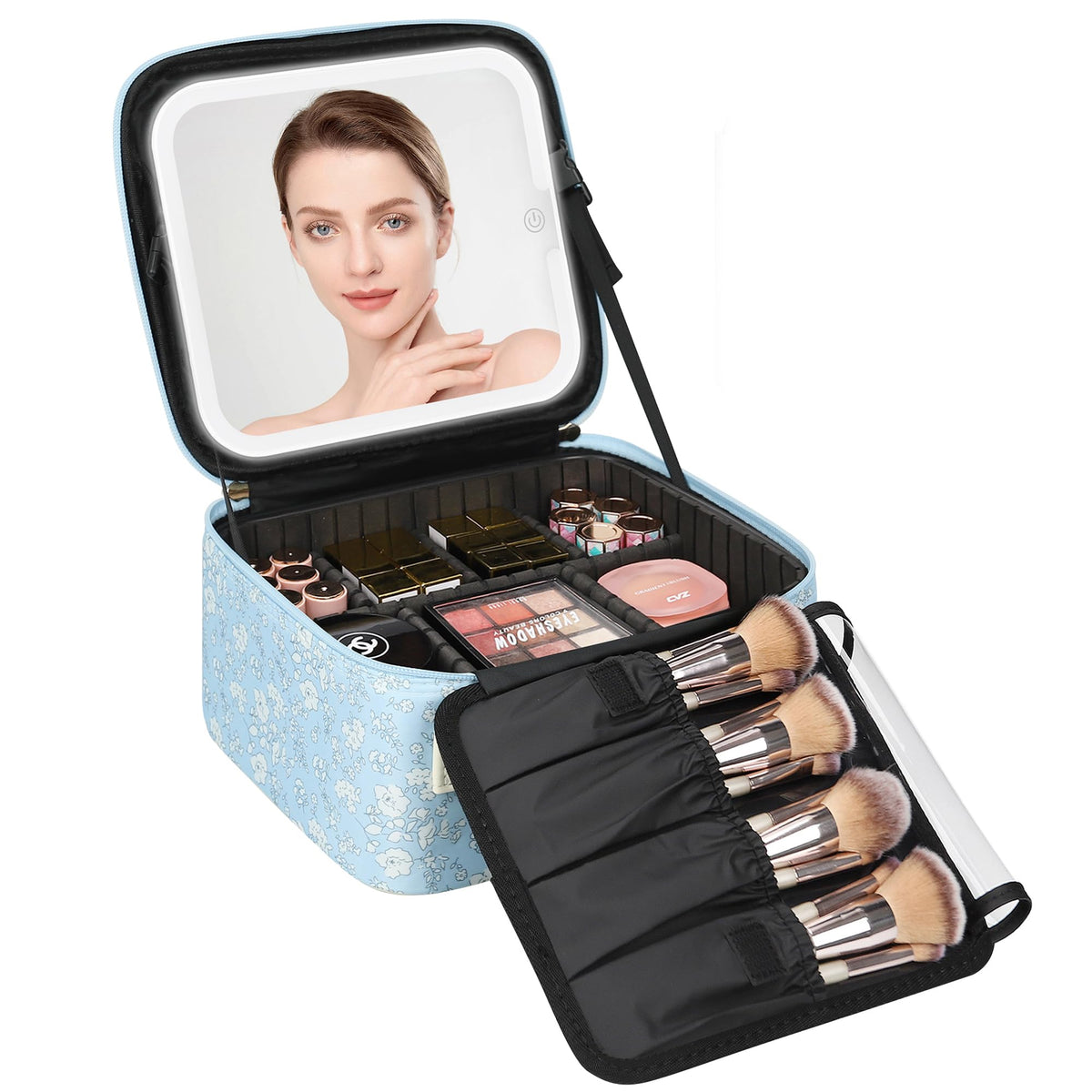 Relavel Travel Makeup Bag with LED Mirror front view, White Flower pattern