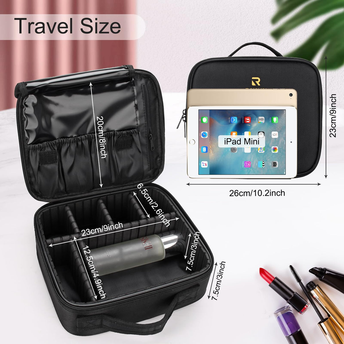 Relavel Travel Makeup Train Case dimensions displayed