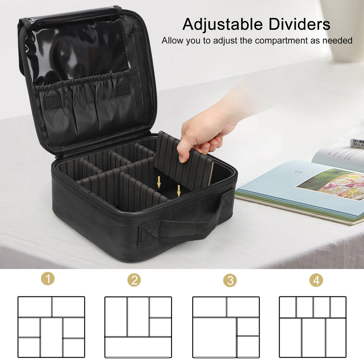 Relavel Travel Makeup Train Case open showing adjustable compartments