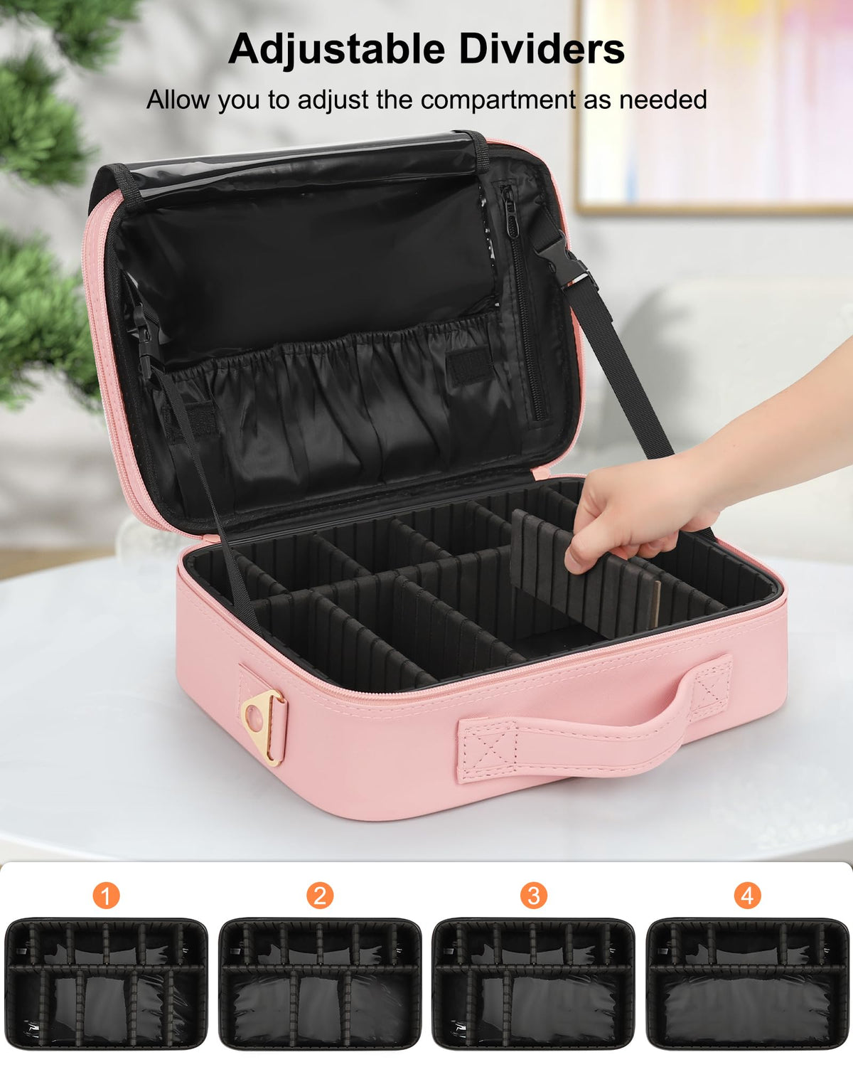 Relavel Travel Makeup Train Case open showing adjustable compartments