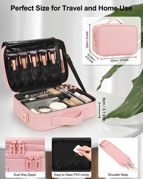 Relavel Travel Makeup Train Case with makeup brushes and cosmetics inside