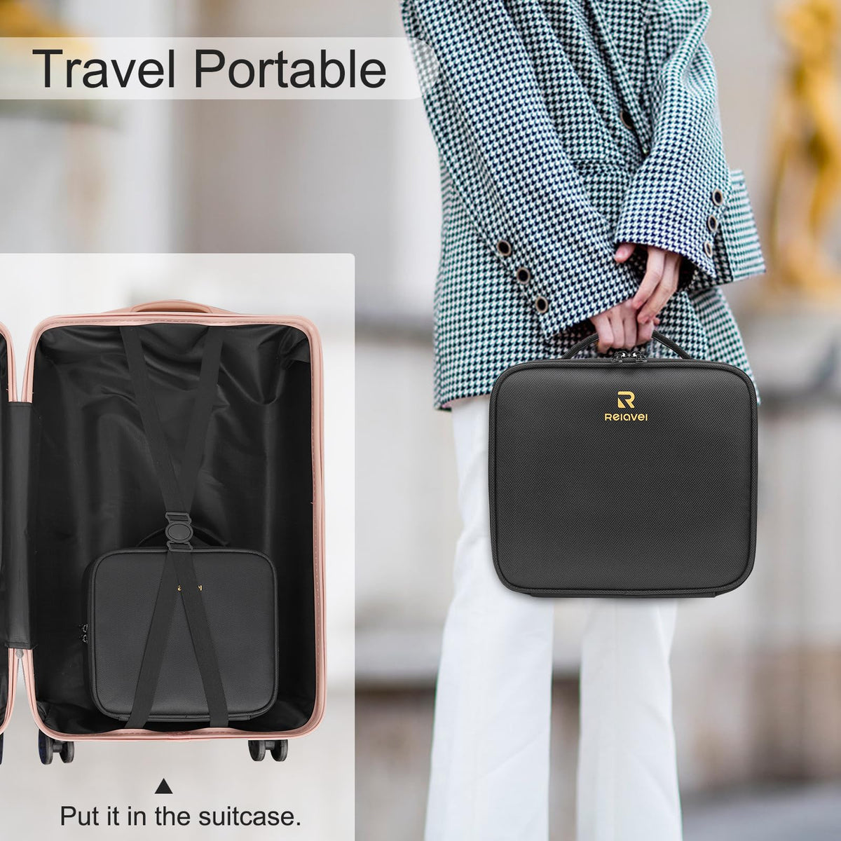 Relavel Travel Makeup Train Case with various beauty products