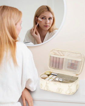 Relavel Travel Small Makeup Bag open with cosmetics inside