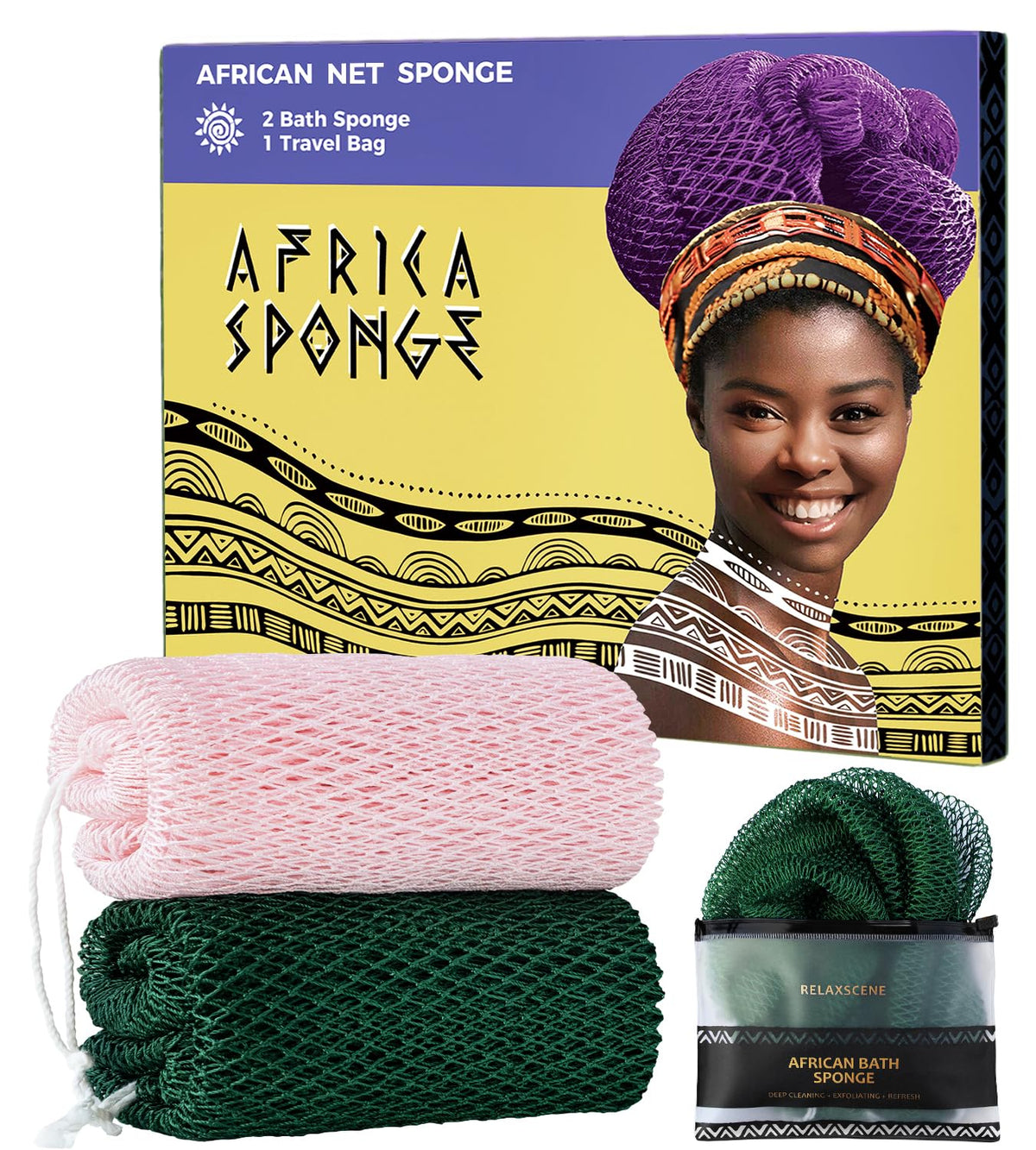 RelaxScene Afro Scrubber African Net Sponge front view in vibrant colours