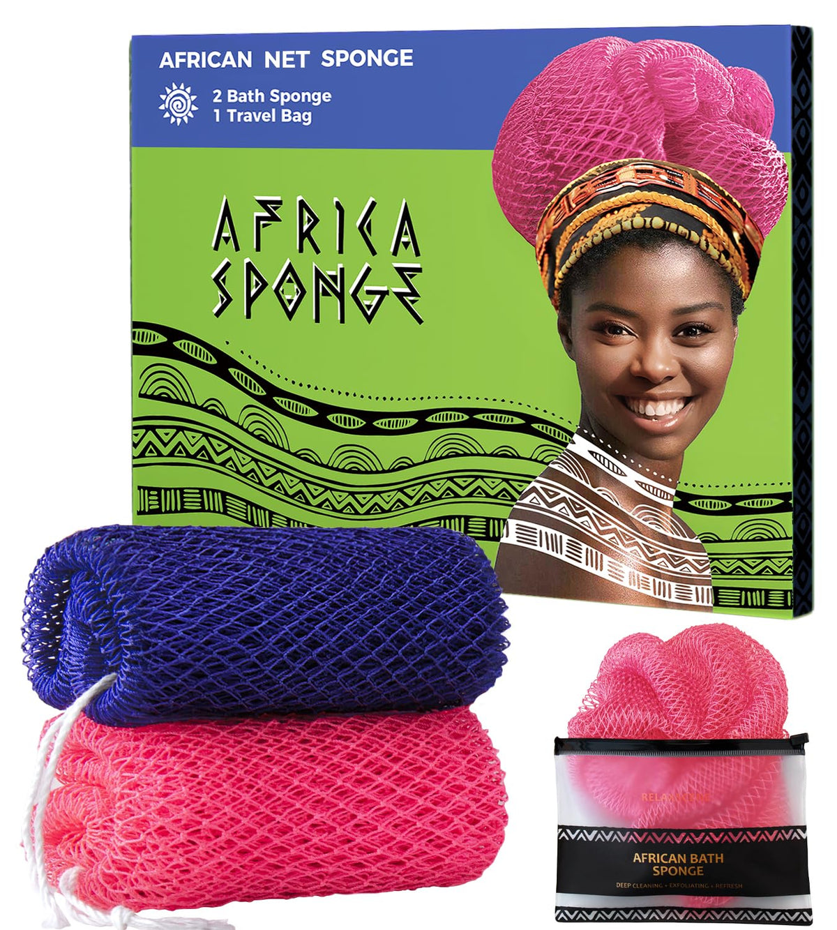 RelaxScene Authentic African Net Sponge set in purple and pink