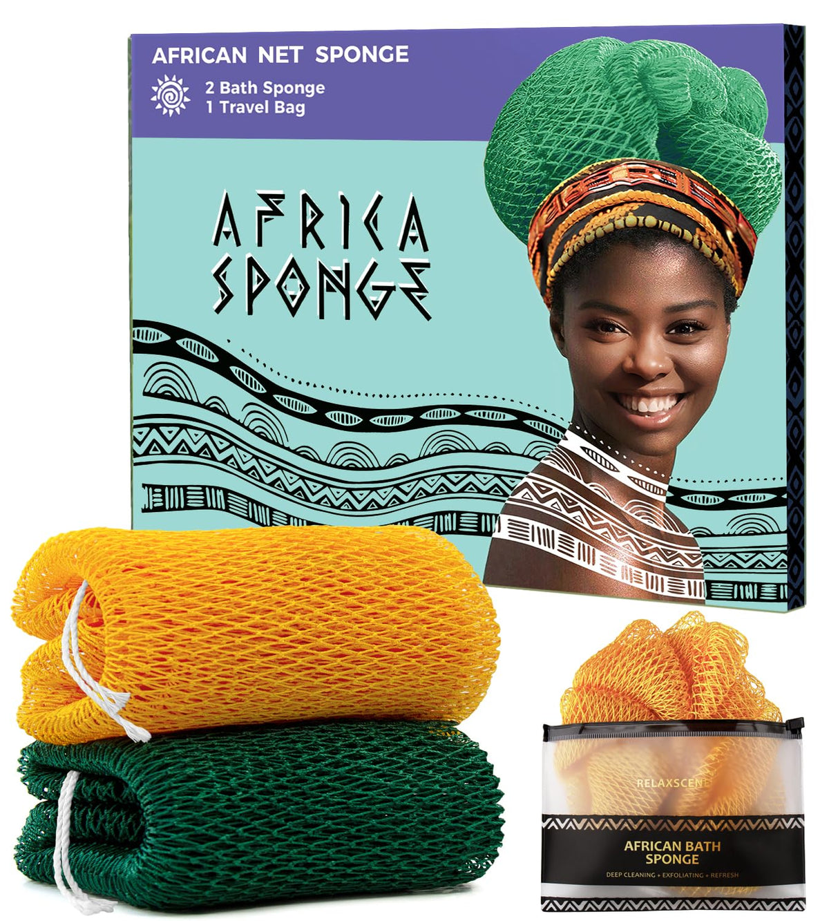 RelaxScene Authentic African Net Sponge yellow and forest colours front view