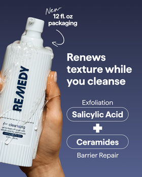 Remedy Science Gel-to-Foam Cleanser in use on a bathroom counter
