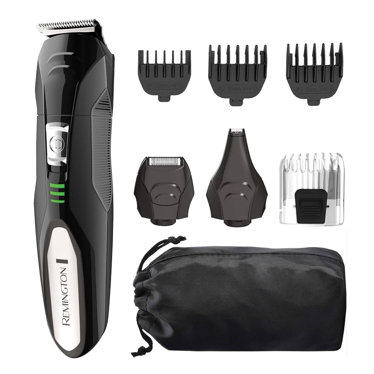 Remington All-in-One Grooming Kit black model front view with attachments