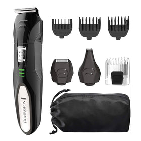 Remington All-in-One Grooming Kit black model front view with attachments
