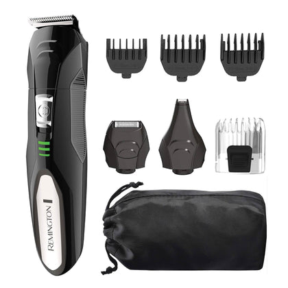 Remington All-in-One Grooming Kit black model front view with attachments
