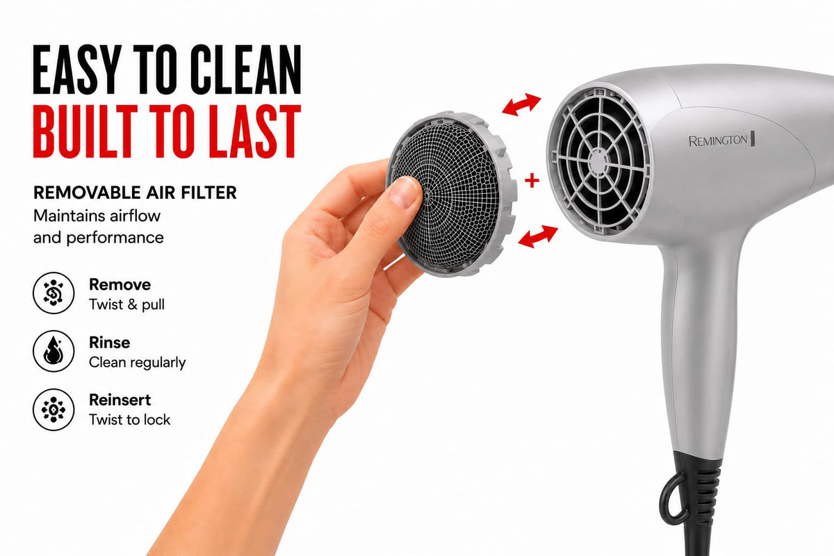 Remington Damage Protection Hair Dryer in lifestyle setting on a bathroom counter