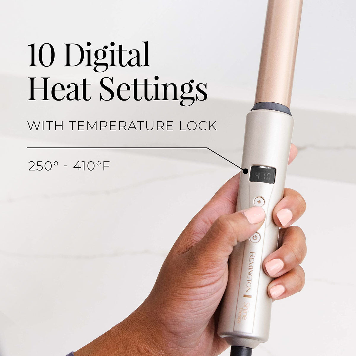 Remington Shine Therapy Curling Wand with digital heat settings display