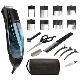 Remington Vacuum Hair Clippers 18-piece kit front view with storage pouch