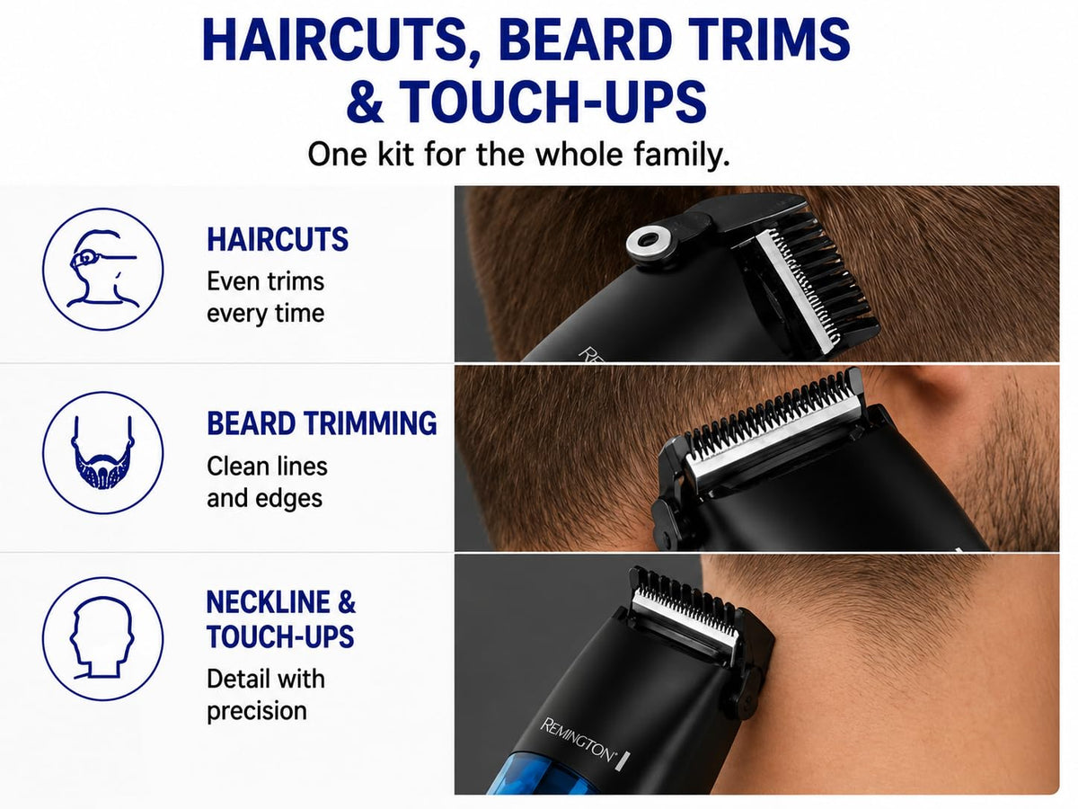 Remington Vacuum Hair Clippers 18-piece kit showing barber scissors and guide combs