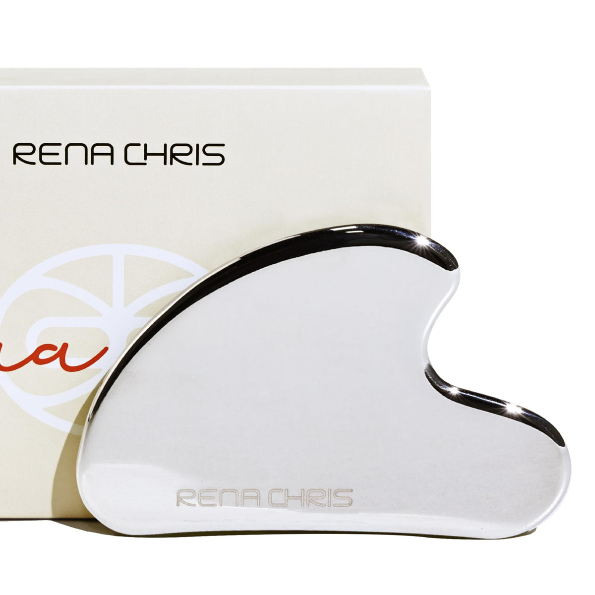 Rena Chris Gua Sha Facial Tool stainless steel front view in elegant packaging
