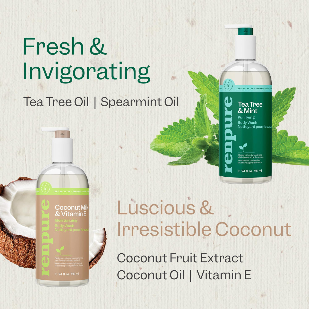 RENPURE body wash set in a bathroom setting
