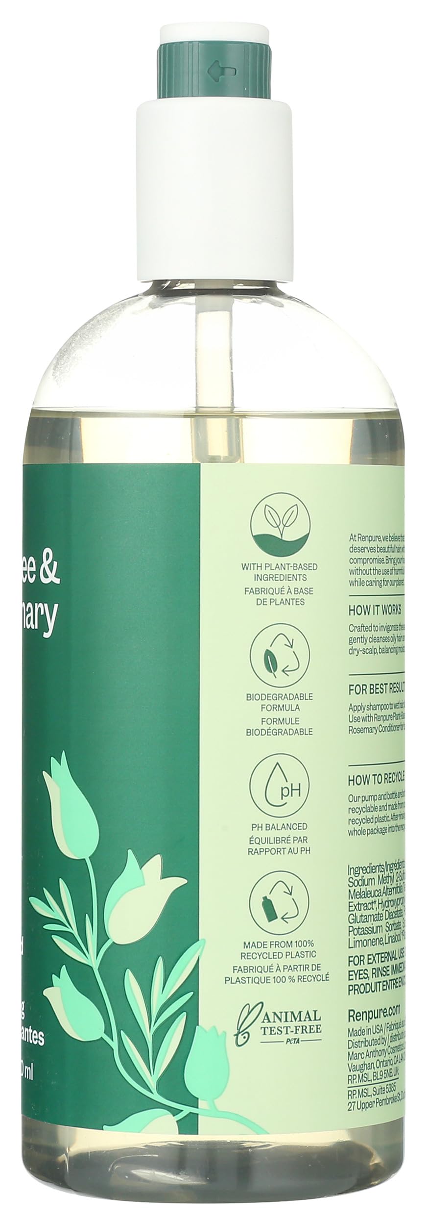 RENPURE Tea Tree & Rosemary Shampoo 24oz on bathroom shelf